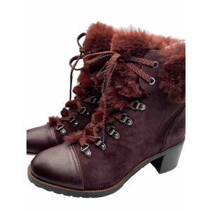 Sam Edelman Manchester Size 9 Wine Suede Fur Heel Boots Lace Up Almond Cap Toe